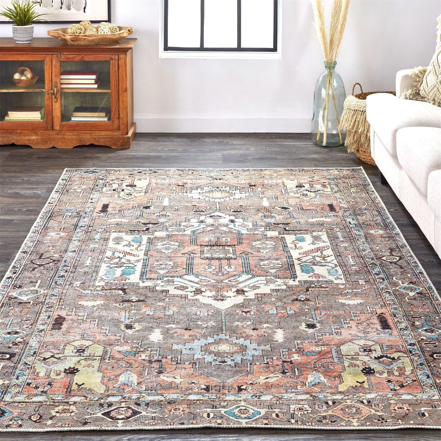 5' X 8' Taupe Red And Brown Floral Area Rug