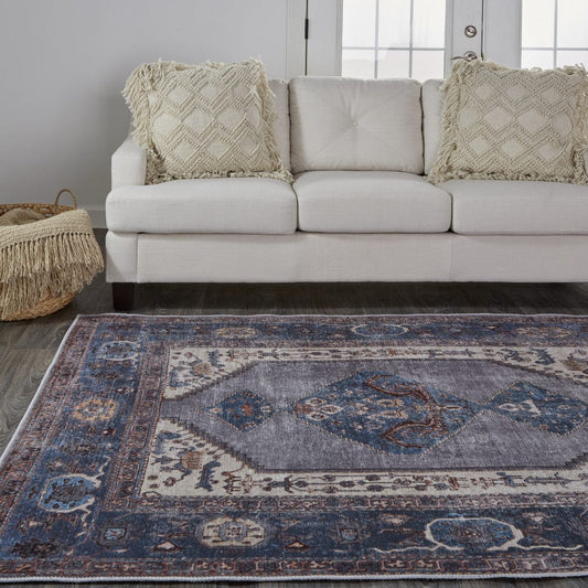 4' X 6' Blue Brown And Ivory Floral Area Rug