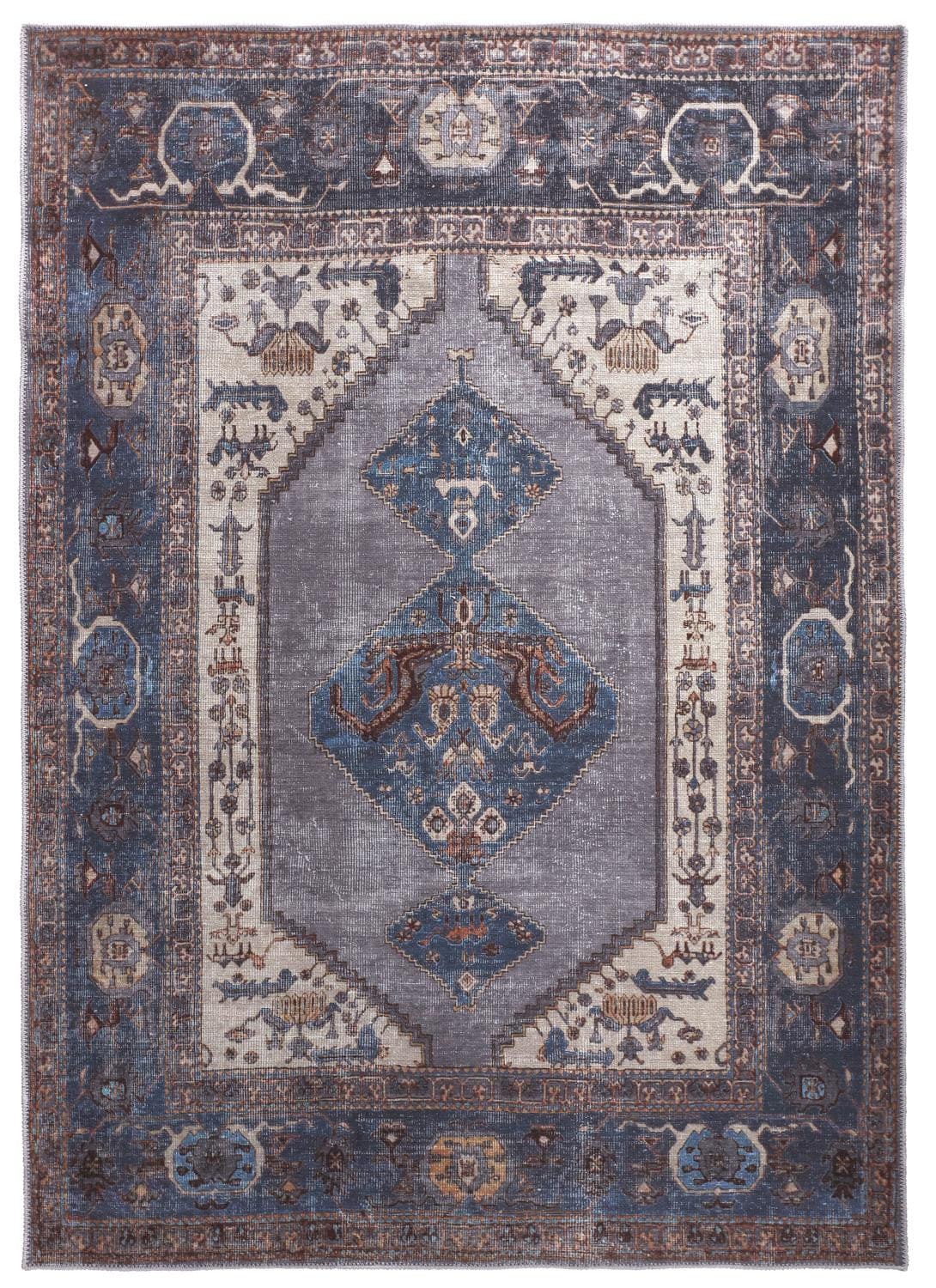 4' X 6' Blue Brown And Ivory Floral Area Rug