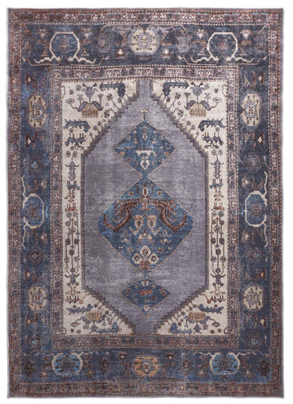 4' X 6' Blue Brown And Ivory Floral Area Rug