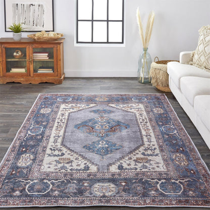 4' X 6' Blue Brown And Ivory Floral Area Rug