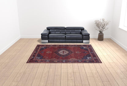 4' X 6' Red Blue And Tan Floral Power Loom Area Rug