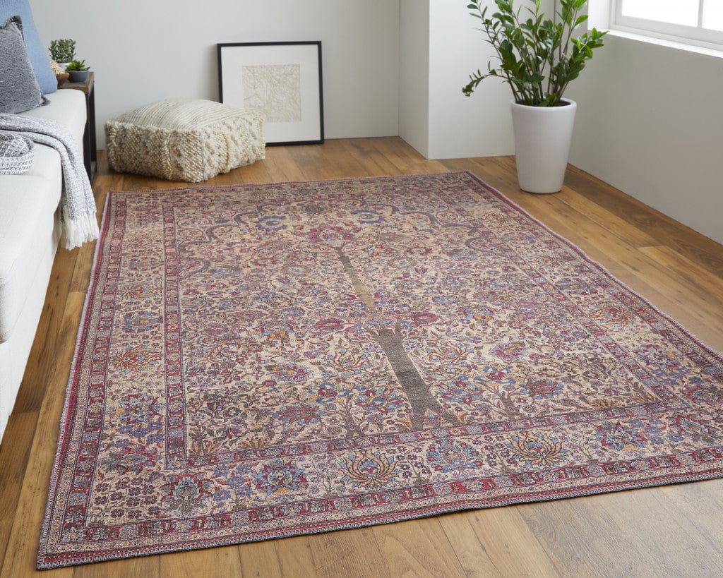 4' X 6' Red Tan And Pink Floral Power Loom Area Rug