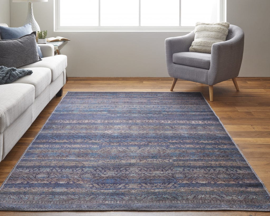 4' X 6' Blue Purple And Brown Floral Power Loom Area Rug