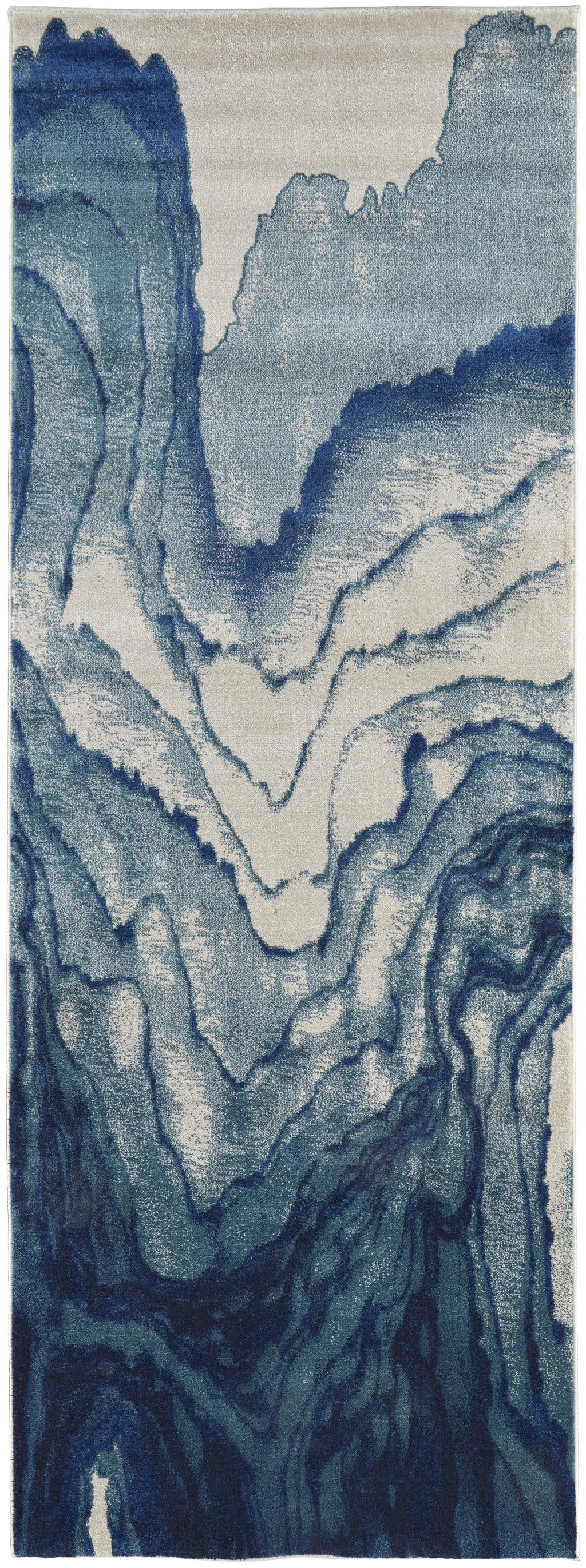 8' Blue Ivory And Green Stain Resistant Runner Rug