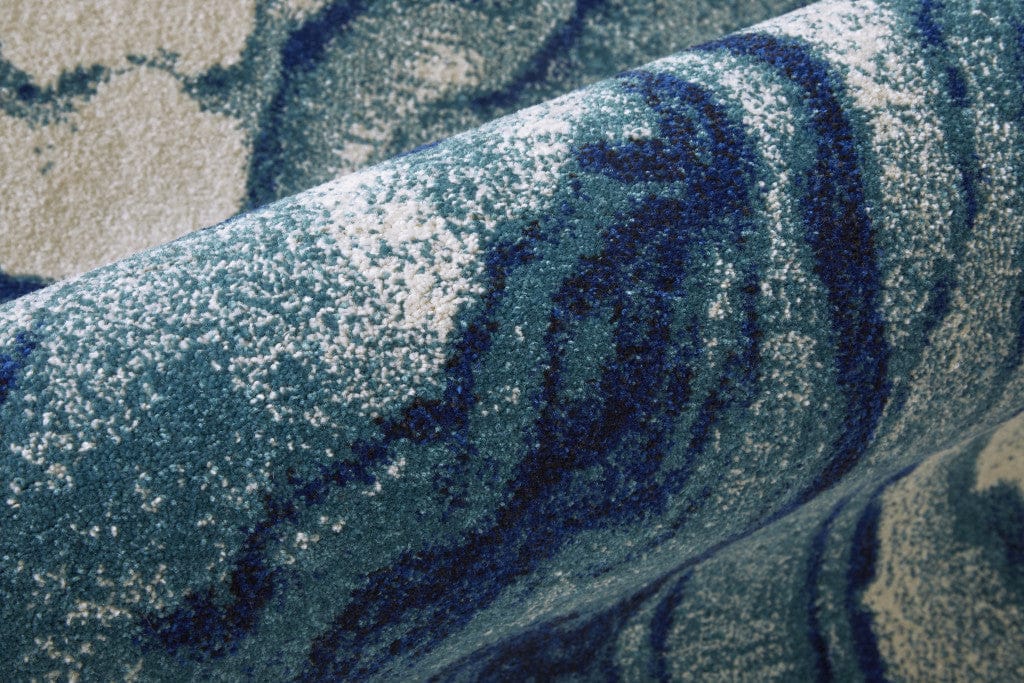 8' Blue Ivory And Green Stain Resistant Runner Rug