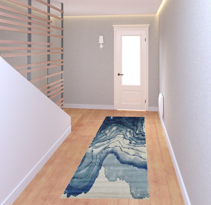 8' Blue Ivory And Green Stain Resistant Runner Rug