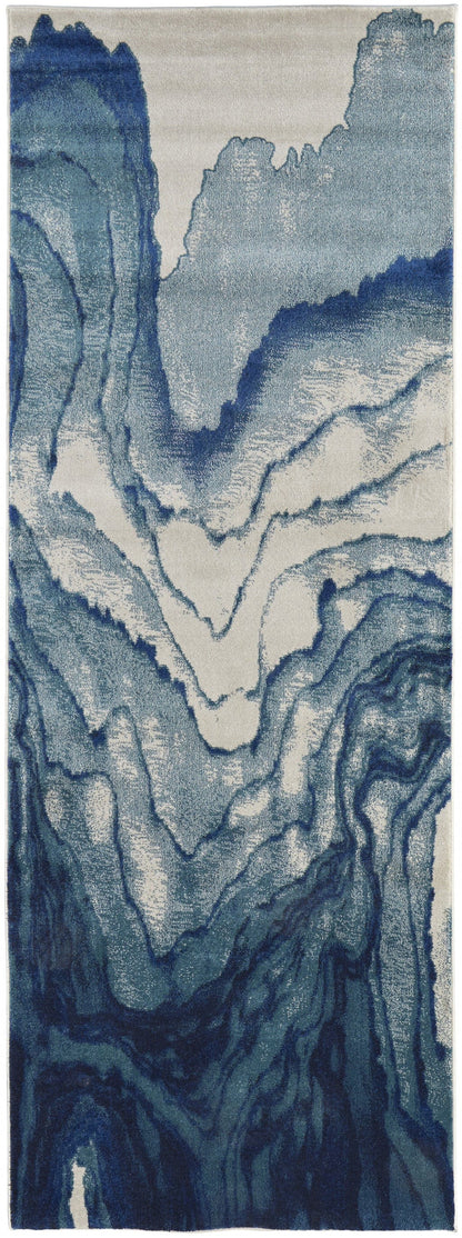 8' Blue Ivory And Green Stain Resistant Runner Rug