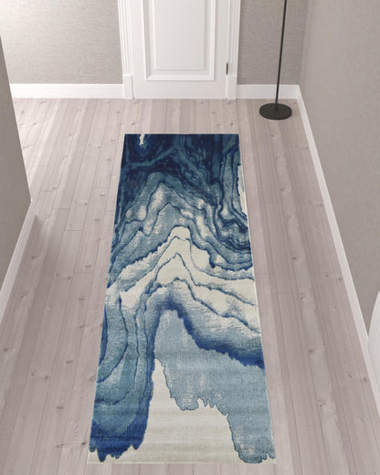 8' Blue Ivory And Green Stain Resistant Runner Rug