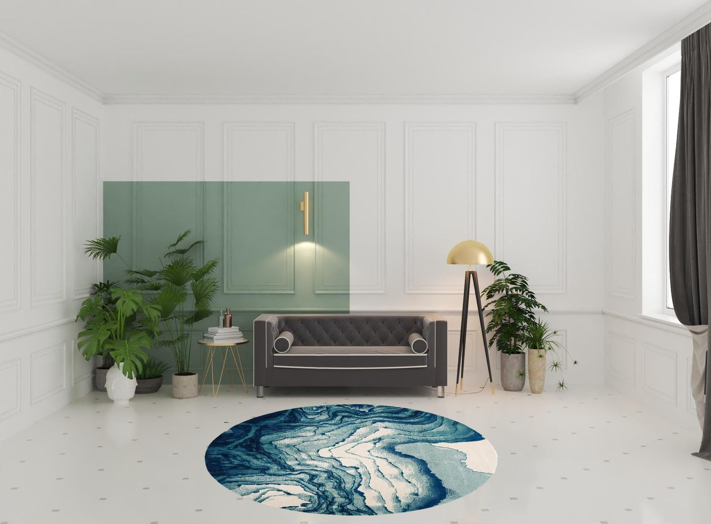 8' Blue Ivory And Green Stain Resistant Runner Rug