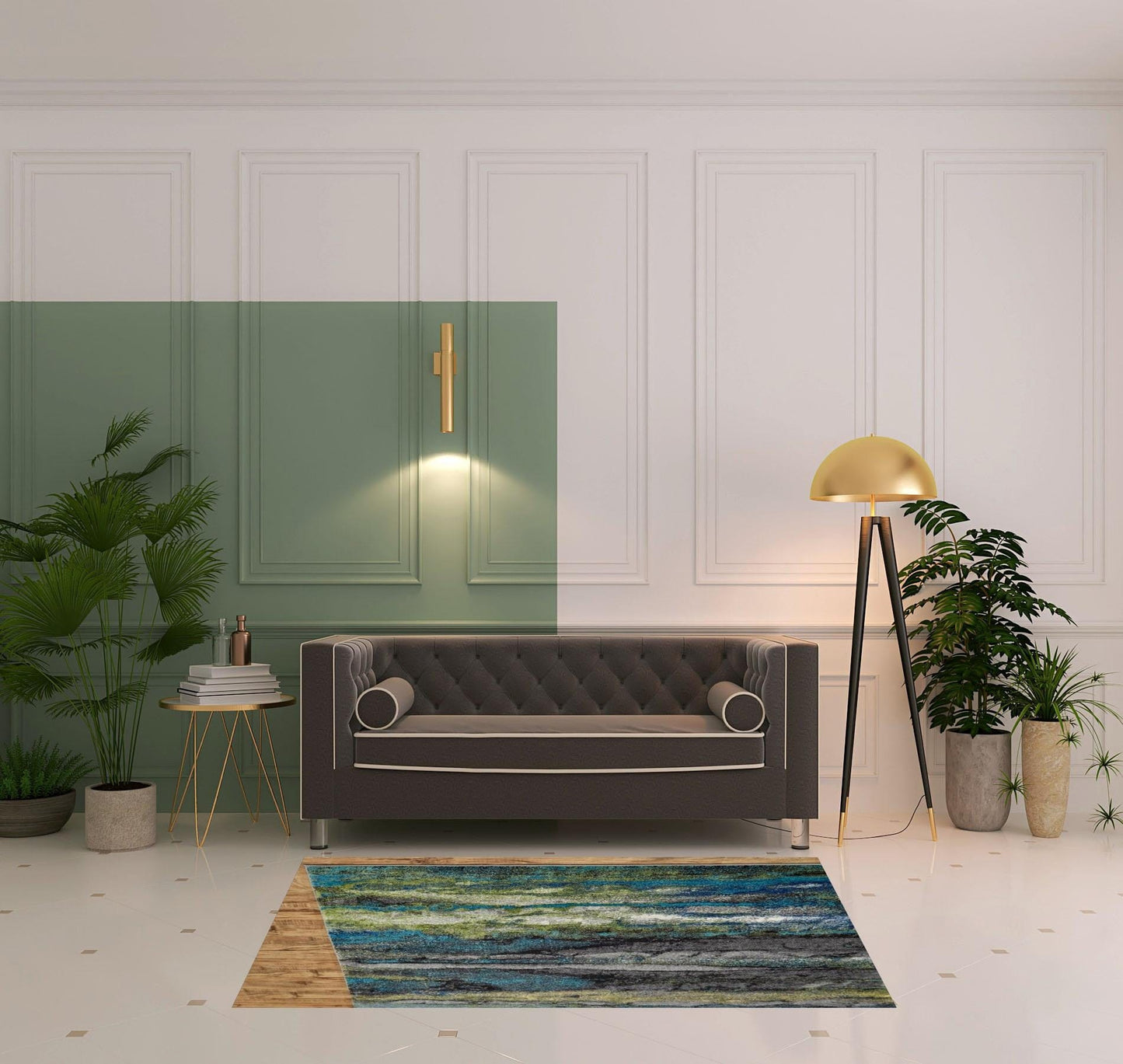 10' X 13' Blue Green And Taupe Stain Resistant Area Rug