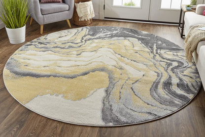 8' Gray Yellow And Ivory Round Stain Resistant Area Rug