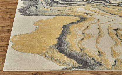 8' Gray Yellow And Ivory Round Stain Resistant Area Rug