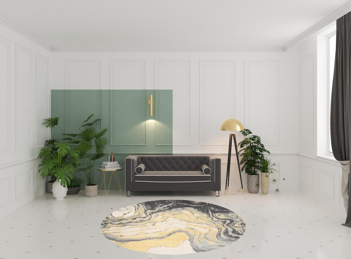 8' Gray Yellow And Ivory Round Stain Resistant Area Rug