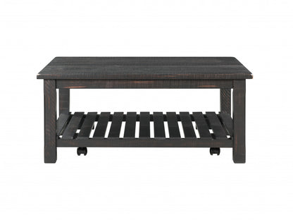 42" Antique Black Solid Wood Rectangular Distressed Coffee Table With Shelf