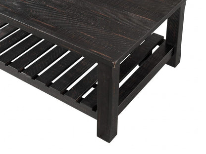 42" Antique Black Solid Wood Rectangular Distressed Coffee Table With Shelf