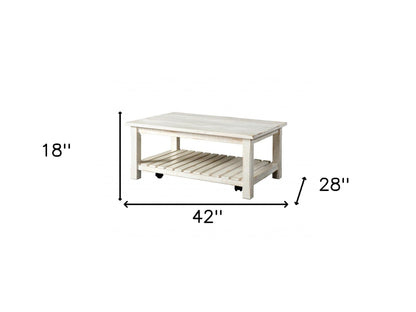 42" Antique White Solid Wood Rectangular Distressed Coffee Table With Shelf