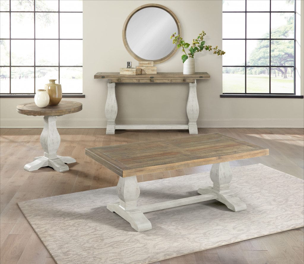 50" White And Reclaimed Natural Wood Distressed Pedestal Coffee Table