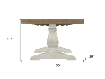 50" White And Reclaimed Natural Wood Distressed Pedestal Coffee Table