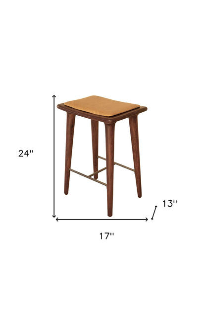 24" Brown Solid Wood and Leather Backless Counter Height Bar Chair