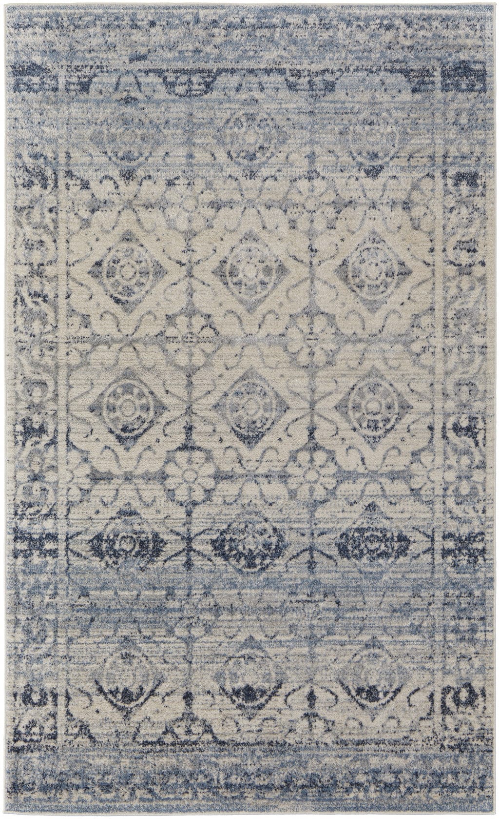 4' X 6' Blue And Ivory Power Loom Distressed Area Rug