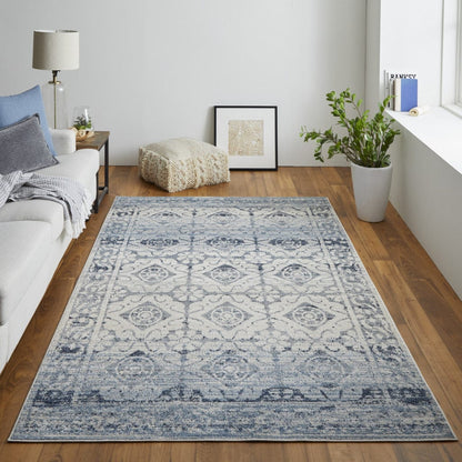 4' X 6' Blue And Ivory Power Loom Distressed Area Rug