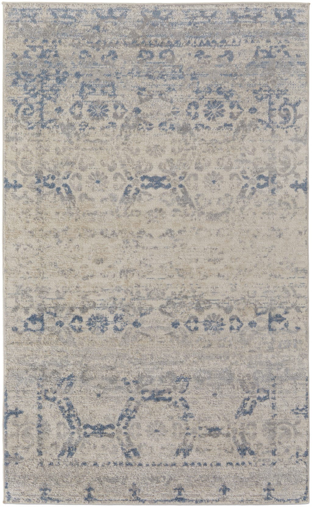 4' X 6' Blue And Ivory Power Loom Distressed Area Rug