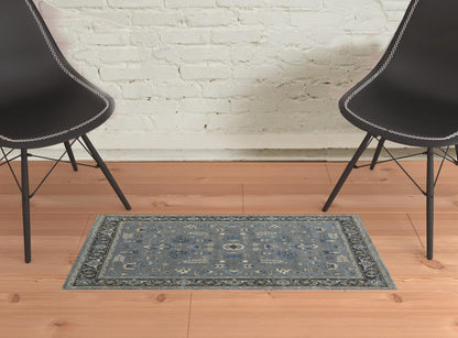 2' X 3' Blue Gray And Taupe Wool Floral Hand Knotted Stain Resistant Area Rug