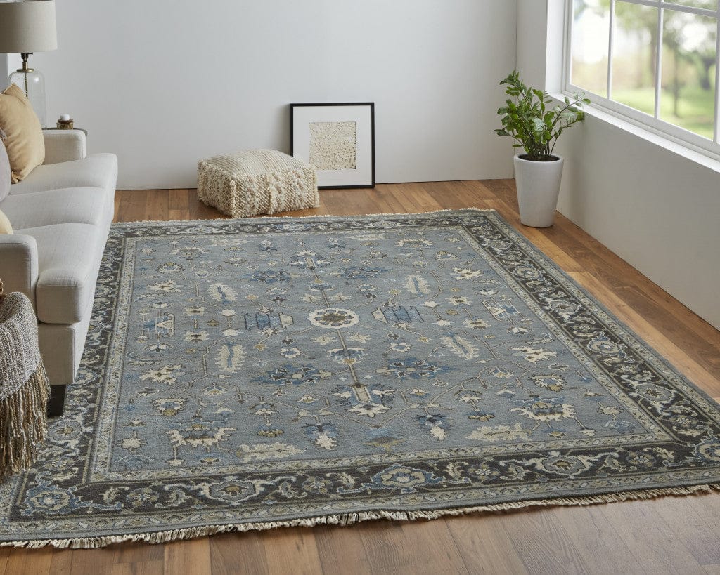 2' X 3' Blue Gray And Taupe Wool Floral Hand Knotted Stain Resistant Area Rug