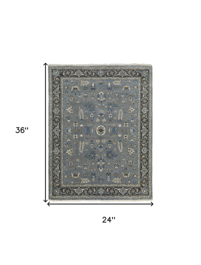 2' X 3' Blue Gray And Taupe Wool Floral Hand Knotted Stain Resistant Area Rug
