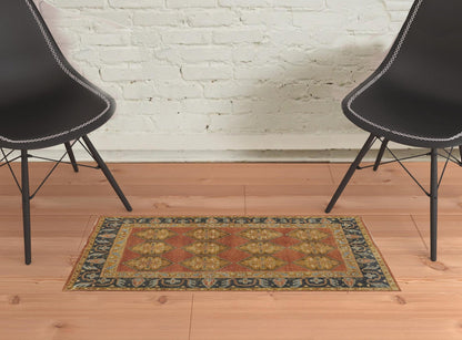 2' X 3' Tan Orange And Brown Wool Floral Hand Knotted Stain Resistant Area Rug