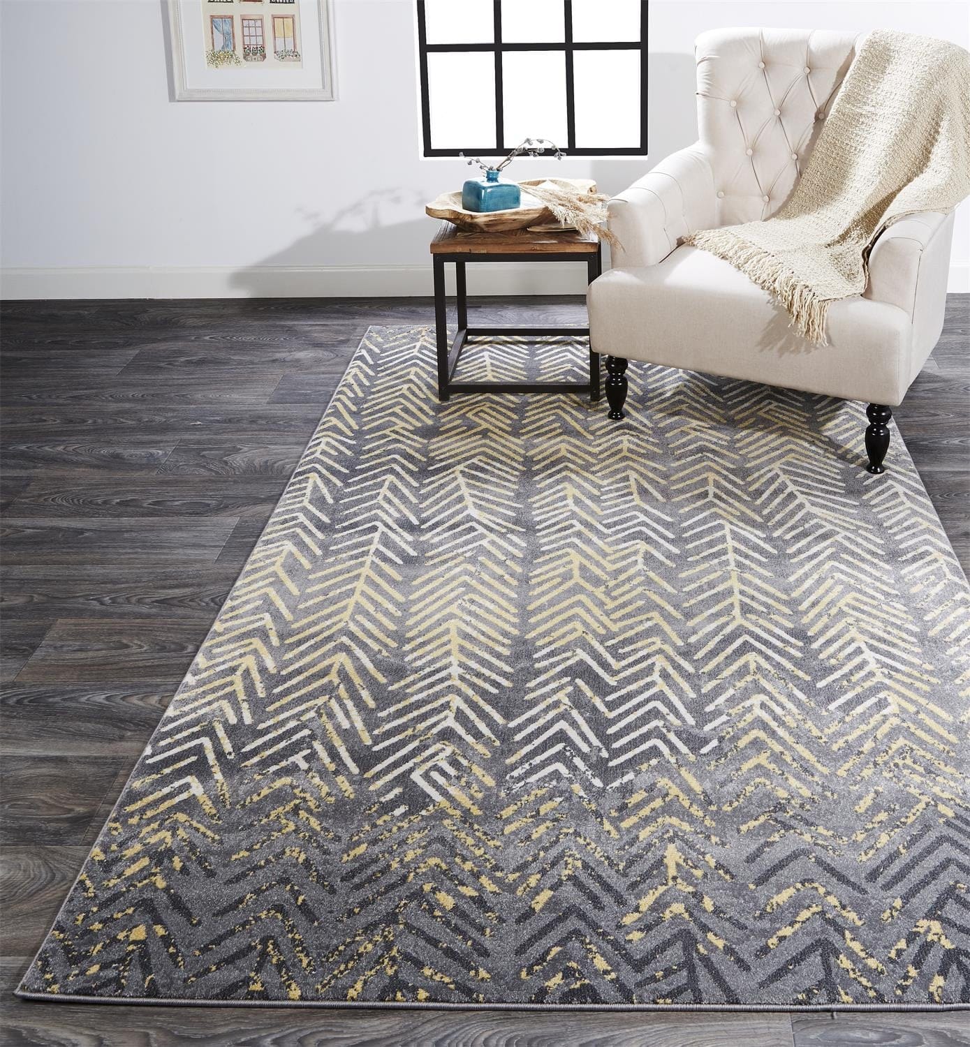 2' X 3' Gray Yellow And White Abstract Stain Resistant Area Rug