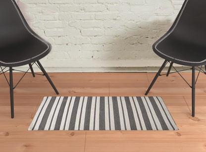 2' X 3' Black And White Striped Dhurrie Hand Woven Stain Resistant Area Rug