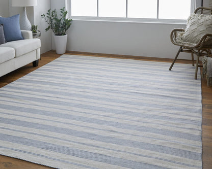 2' X 3' Blue Ivory And Tan Striped Dhurrie Hand Woven Stain Resistant Area Rug