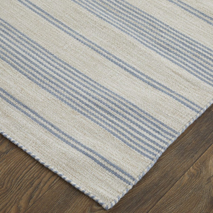 2' X 3' Blue Ivory And Tan Striped Dhurrie Hand Woven Stain Resistant Area Rug