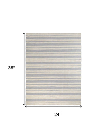 2' X 3' Blue Ivory And Tan Striped Dhurrie Hand Woven Stain Resistant Area Rug