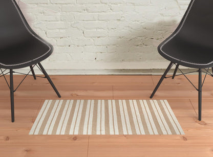 2' X 3' Ivory Taupe And Brown Striped Dhurrie Hand Woven Stain Resistant Area Rug