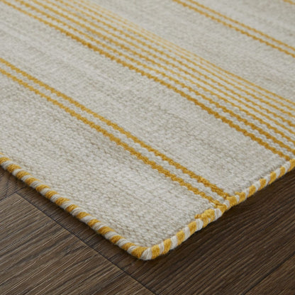 2' X 3' Yellow And Ivory Striped Dhurrie Hand Woven Stain Resistant Area Rug