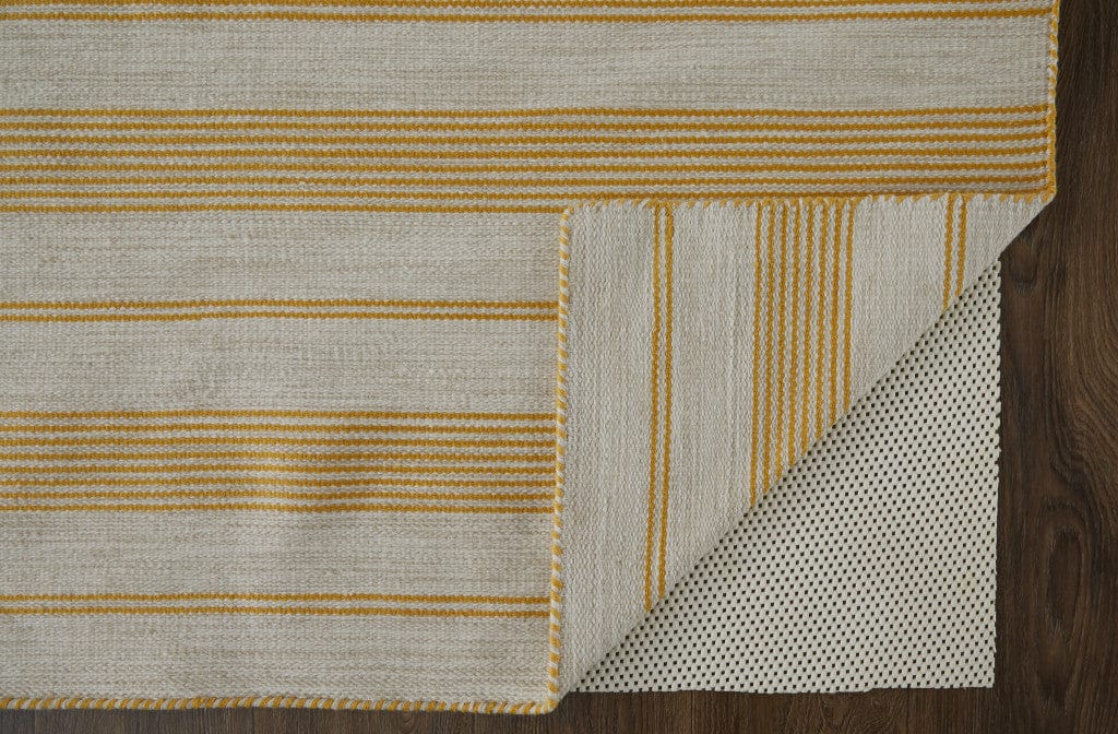 2' X 3' Yellow And Ivory Striped Dhurrie Hand Woven Stain Resistant Area Rug
