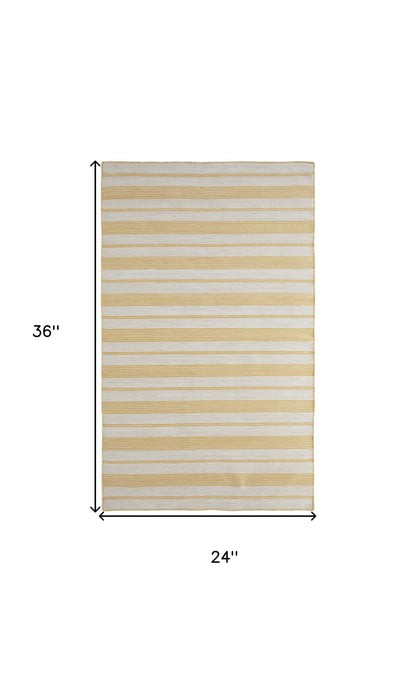 2' X 3' Yellow And Ivory Striped Dhurrie Hand Woven Stain Resistant Area Rug