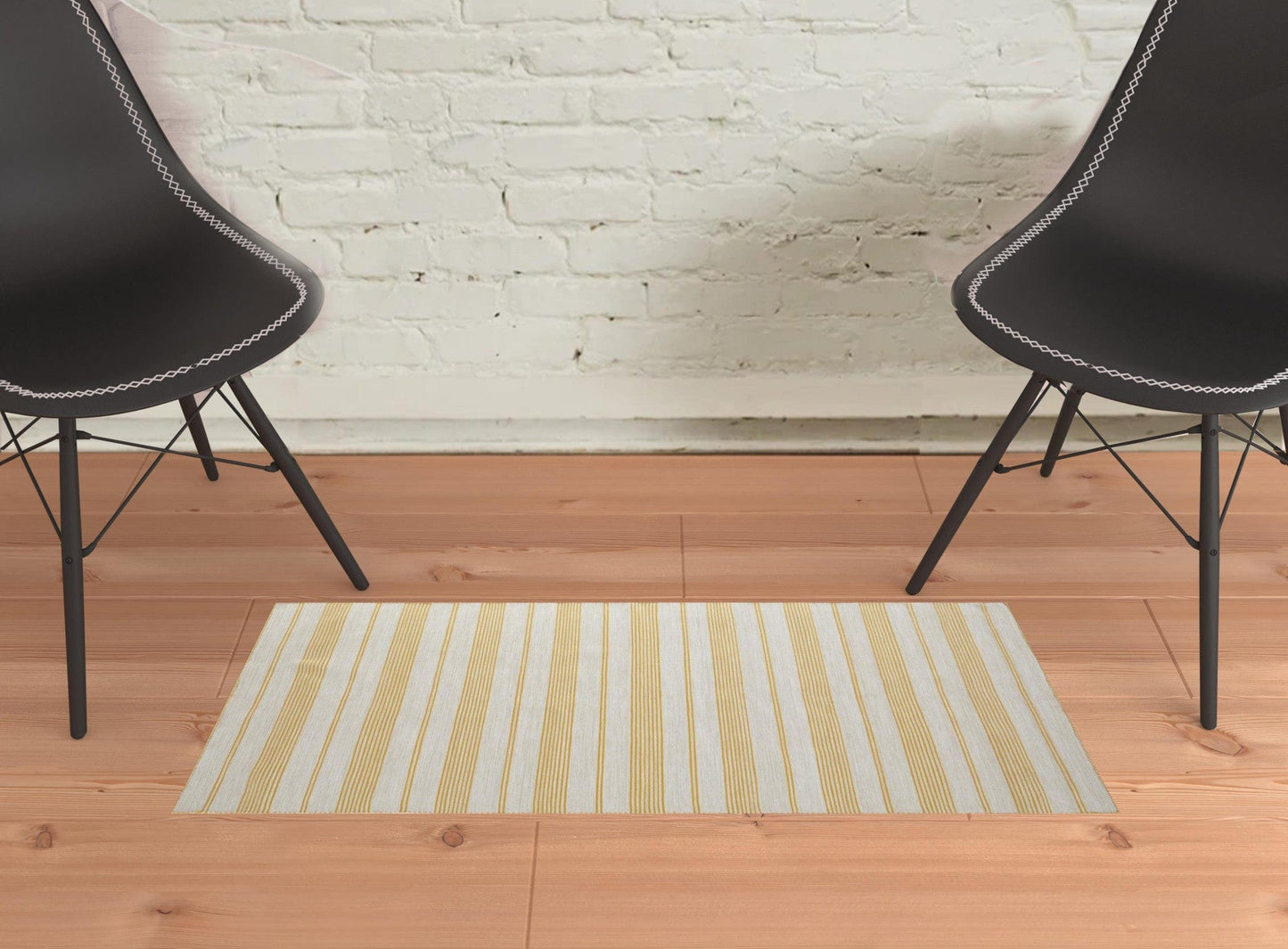 2' X 3' Yellow And Ivory Striped Dhurrie Hand Woven Stain Resistant Area Rug
