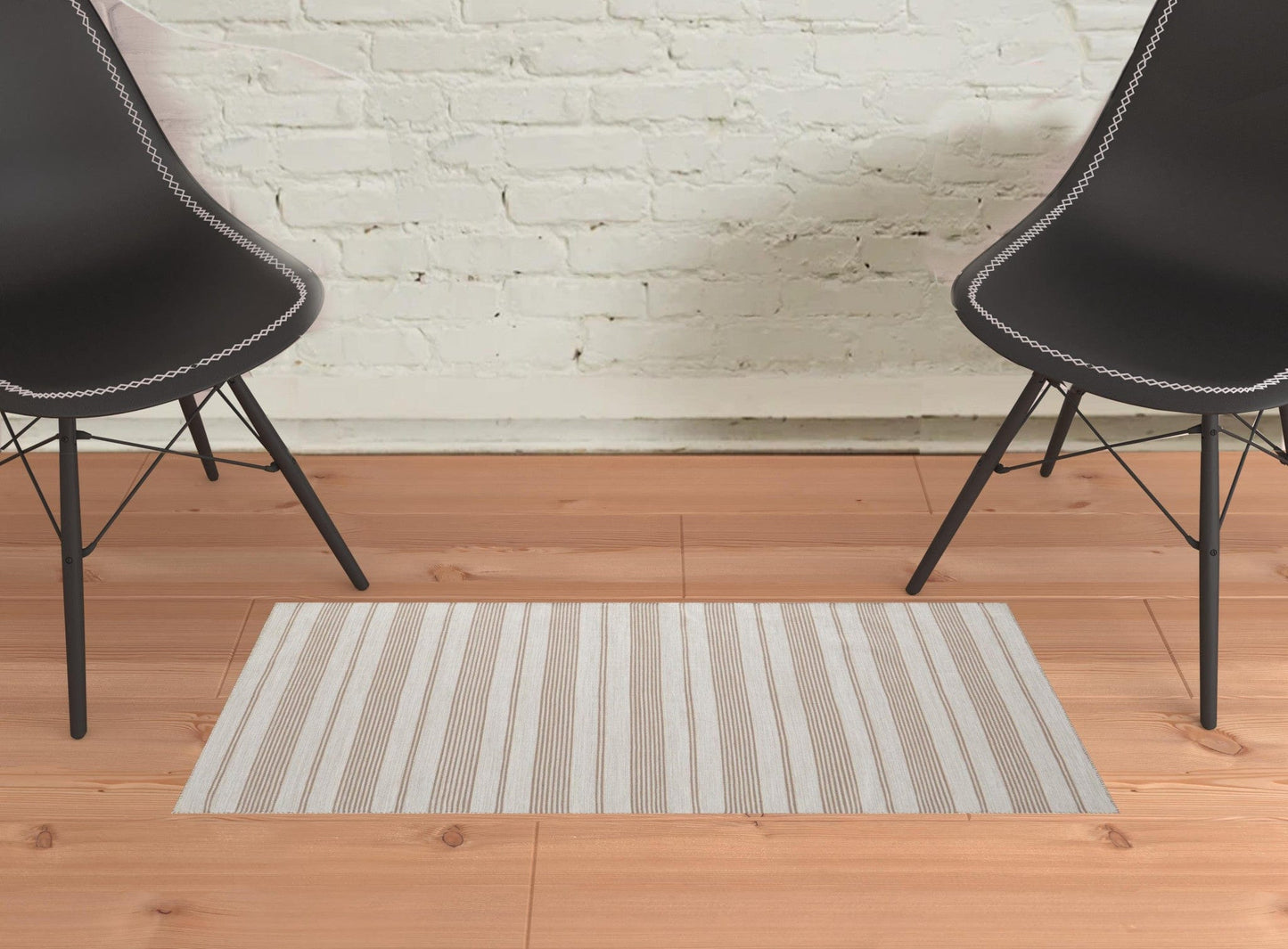 2' X 3' Ivory And Taupe Striped Dhurrie Hand Woven Stain Resistant Area Rug
