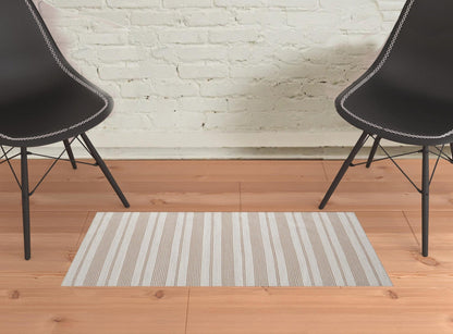 2' X 3' Ivory And Taupe Striped Dhurrie Hand Woven Stain Resistant Area Rug