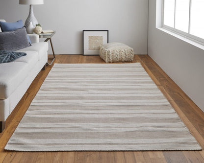 2' X 3' Ivory And Taupe Striped Dhurrie Hand Woven Stain Resistant Area Rug