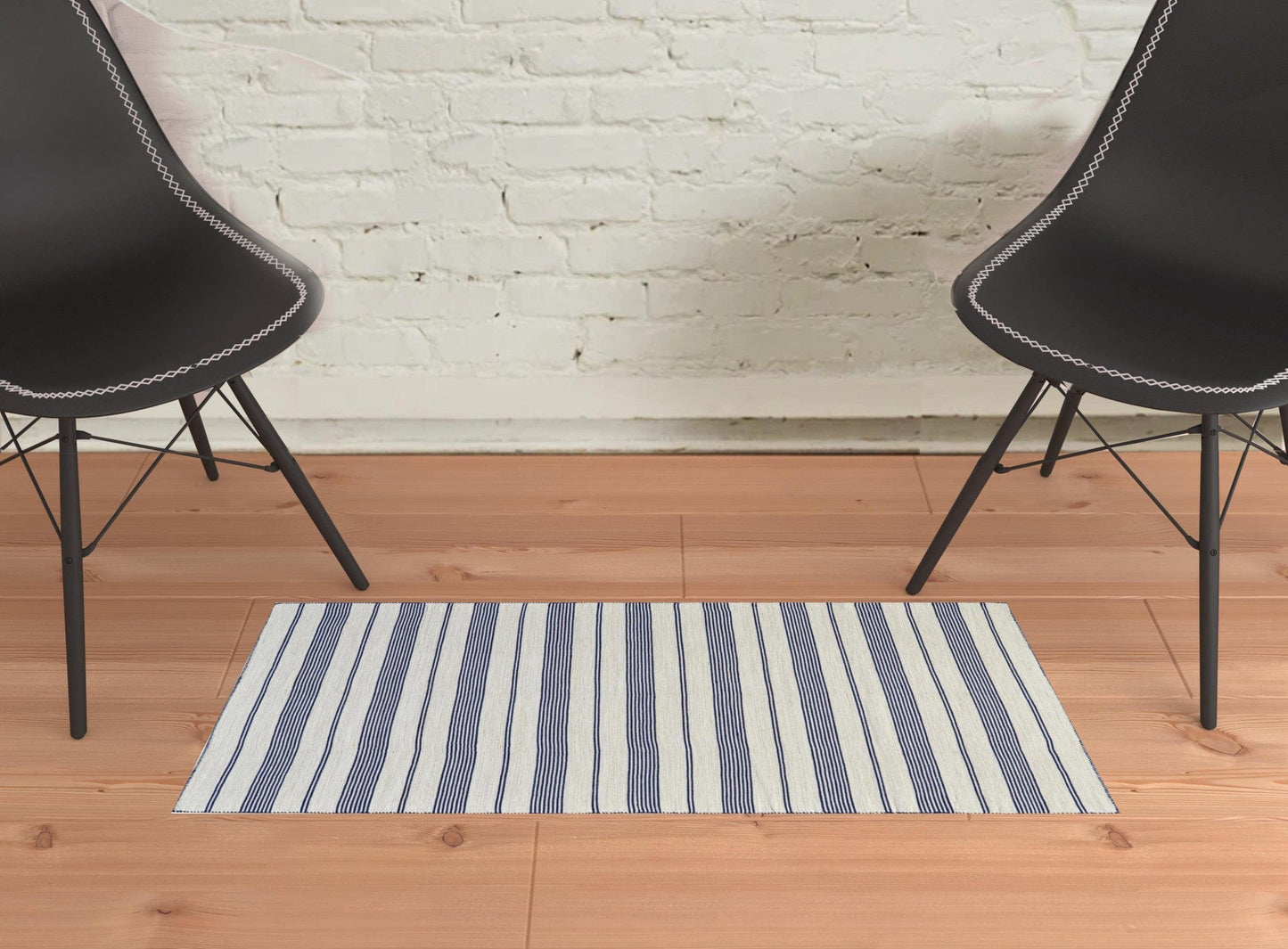 2' X 3' Blue And Ivory Striped Dhurrie Hand Woven Stain Resistant Area Rug