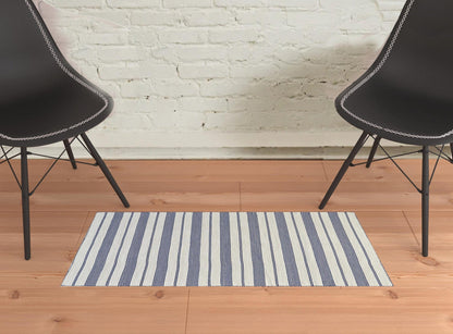 2' X 3' Blue And Ivory Striped Dhurrie Hand Woven Stain Resistant Area Rug