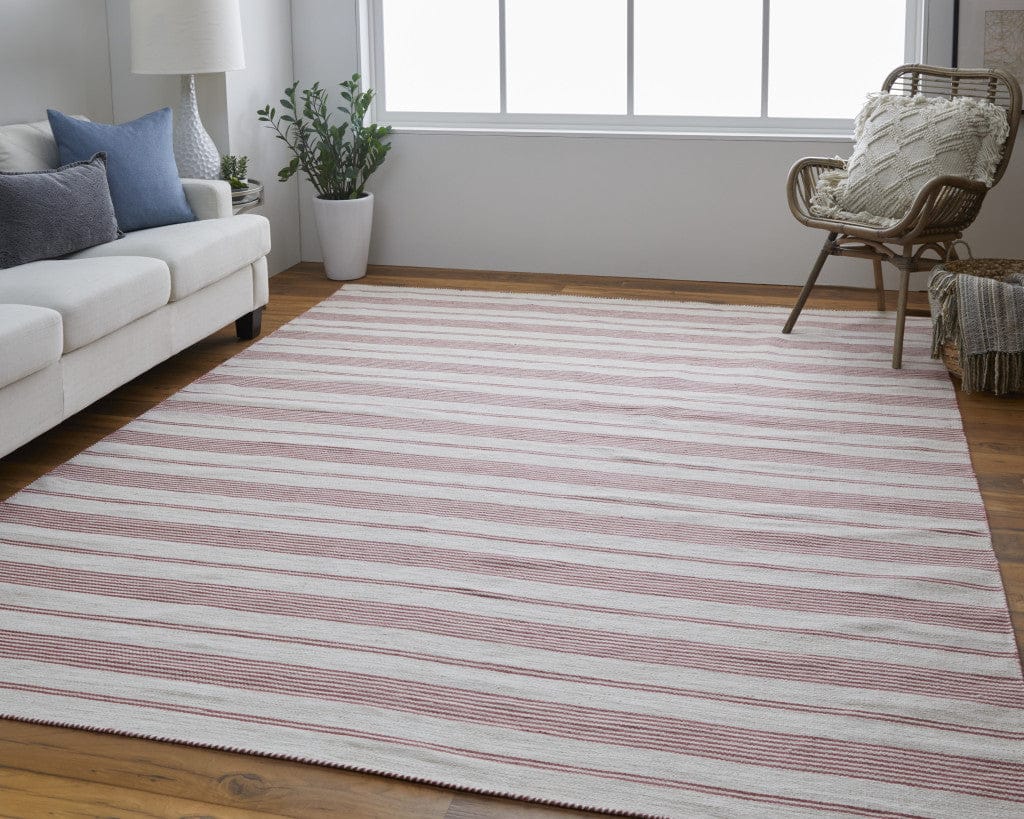 2' X 3' Red And Ivory Striped Dhurrie Hand Woven Stain Resistant Area Rug