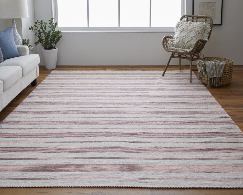 2' X 3' Red And Ivory Striped Dhurrie Hand Woven Stain Resistant Area Rug