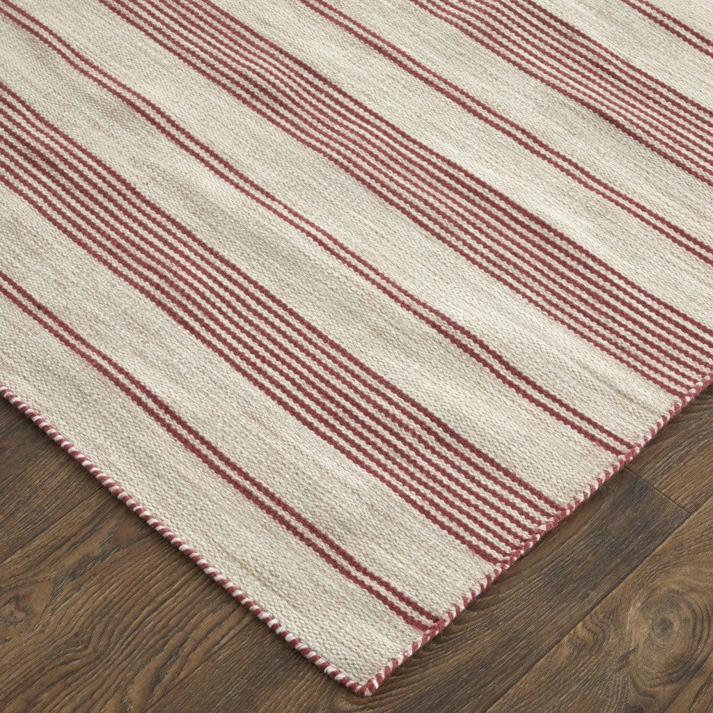 2' X 3' Red And Ivory Striped Dhurrie Hand Woven Stain Resistant Area Rug
