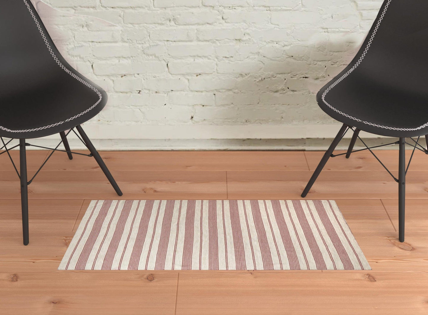 2' X 3' Red And Ivory Striped Dhurrie Hand Woven Stain Resistant Area Rug